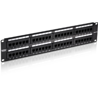 Picture of TRENDnet 48-Port Cat5-5e RJ-45 UTP Unshielded Patch Panel, Wallmount Or Rackmount, 100Mhz, Cat5e Krone Connectors, Color-Coded Labeling, Cat3,Cat5e,Cat4,Cat3 Compatible, 2U Rackmount, Black, TC-P48C5E