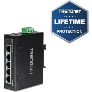 Picture of TRENDnet 5-Port Hardened Industrial Unmanaged Gigabit Switch; TI-PG50; 10/100/1000Mbps; DIN-Rail Switch; 4 x Gigabit PoE+ Ports; 1 x Gigabit Port; Gigabit Ethernet Network Switch; Lifetime Protection