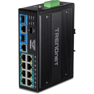 Picture of TRENDnet 10-Port Hardened Industrial Unmanaged Gigabit PoE ++ DIN-Rail Switch, 4 Gigabit PoE++ Ports, 4 Gigabit PoE+, 2 Gigabit Share Ports SFP or RJ-45, 360W Power Budget, Black, TI-BG104