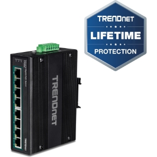 Picture of TRENDnet 8-Port Hardened Industrial Unmanaged Gigabit 10/100/1000Mbps DIN-Rail Switch w/ 8 x Gigabit PoE+ Ports; TI-PG80B; 24 ? 56V DC Power inputs with Overload Protection