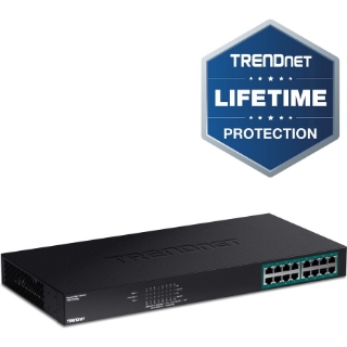 Picture of TRENDnet 16-Port Gigabit PoE+ Switch, 16 x Gigabit PoE+ Ports, 246W PoE Power Budget, 32 Gbps Switching Capacity, Desktop Switch, Ethernet Network Switch, Metal, Lifetime Protection, Black, TPE-TG160g