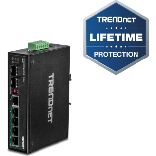 Picture of TRENDnet 6-Port Hardened Industrial Gigabit PoE+ DIN-Rail Switch, 4 x Gigabit PoE+ Ports, Shared Gigabit Port (RJ-45/SFP), Dedicated SFP, 120W Power Budget, IP30, Lifetime Protection, Black, TI-PG62