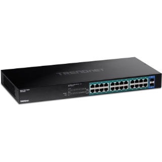 Picture of TRENDnet 26-Port Gigabit PoE+ Switch, 24 x 30W PoE+ Ports, 2 Gigabit SFP Slots, 380W PoE Budget, 52Gbps Switching Capacity, 1U 19" Rack Mountable, Lifetime Protection, Black, TPE-TG262