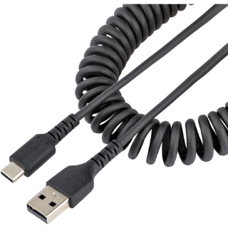 Picture of StarTech.com 3ft (1m) USB A to C Charging Cable, Coiled Heavy Duty USB 2.0 A to Type-C, Durable Fast Charge & Sync USB-C Cable, Black, M/M