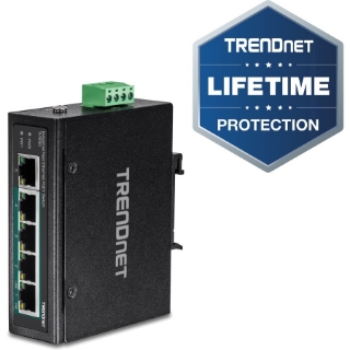 Picture of TRENDnet 5-Port Industrial Fast Ethernet DIN-Rail Switch, 4 x Fast Ethernet PoE+ Ports, 1 x Fast Ethernet Port, 90W PoE Power Budget, DIN-Rail, IP30 Rated, Lifetime Protection, Black, TI-PE50