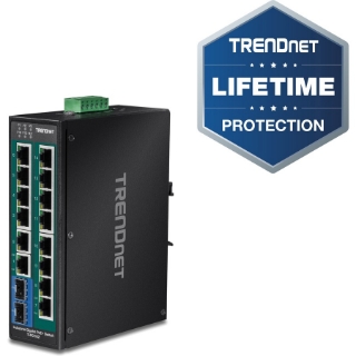 Picture of TRENDnet 16-Port Hardened Industrial Unmanaged Gigabit PoE+ DIN-Rail Switch; TI-PG162; 14 x Gigabit Ports; 2 x Gigabit SFP Slots; 32Gbps; IP30 Gigabit Network Ethernet Switch; Lifetime Protection