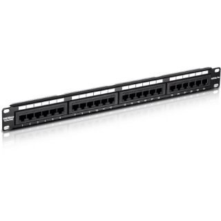 Picture of TRENDnet 24-Port Cat5-5e RJ-45 UTP Unshielded Patch Panel, Wallmount or Rackmount, 100Mhz, Color-Coded Labeling, Cat5,Cat5e,Cat4,Cat3 Compatible, 1U Rackmount, Black, TC-P24C5E