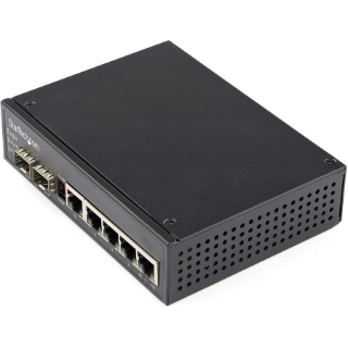 Picture of StarTech.com Industrial 6 Port Gigabit Ethernet Switch 4 PoE RJ45 +2 SFP Slots 30W PoE+ 48VDC 10/100/1000 Mbps -40C to 75C w/DIN Connector