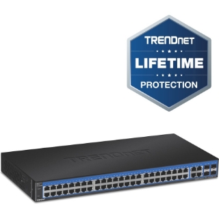 Picture of TRENDnet 52-Port Gigabit Web Smart Switch, 48 Gigabit RJ-45 Ports, 4 Shared Gigabit Ports (RJ-45 or SFP), 104 Gbps Switching Capacity, VLAN, QoS, LACP, IPv6, Lifetime Protection, Black, TEG-524WS