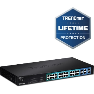 Picture of TRENDnet 28-Port 10/100Mbps Web Smart PoE+ Switch, 20 x PoE Ports, 4 x PoE+ Ports, 2 x Gigabit Ports, 2 x Shared Gigabit Ports (RJ-45 or SFP), Rack Mountable, Lifetime Protection, Black, TPE-224WS