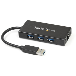 Picture of StarTech.com 3 Port Portable USB 3.0 Hub with Gigabit Ethernet Adapter NIC - Aluminum w/ Cable